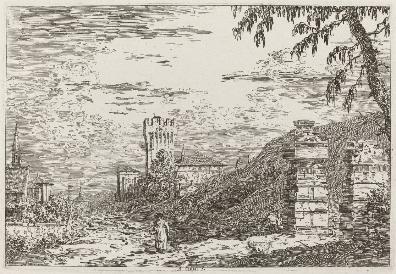 Landskap med tårn og to ødelagte søyler [til venstre], ca. 17351746. av Canaletto