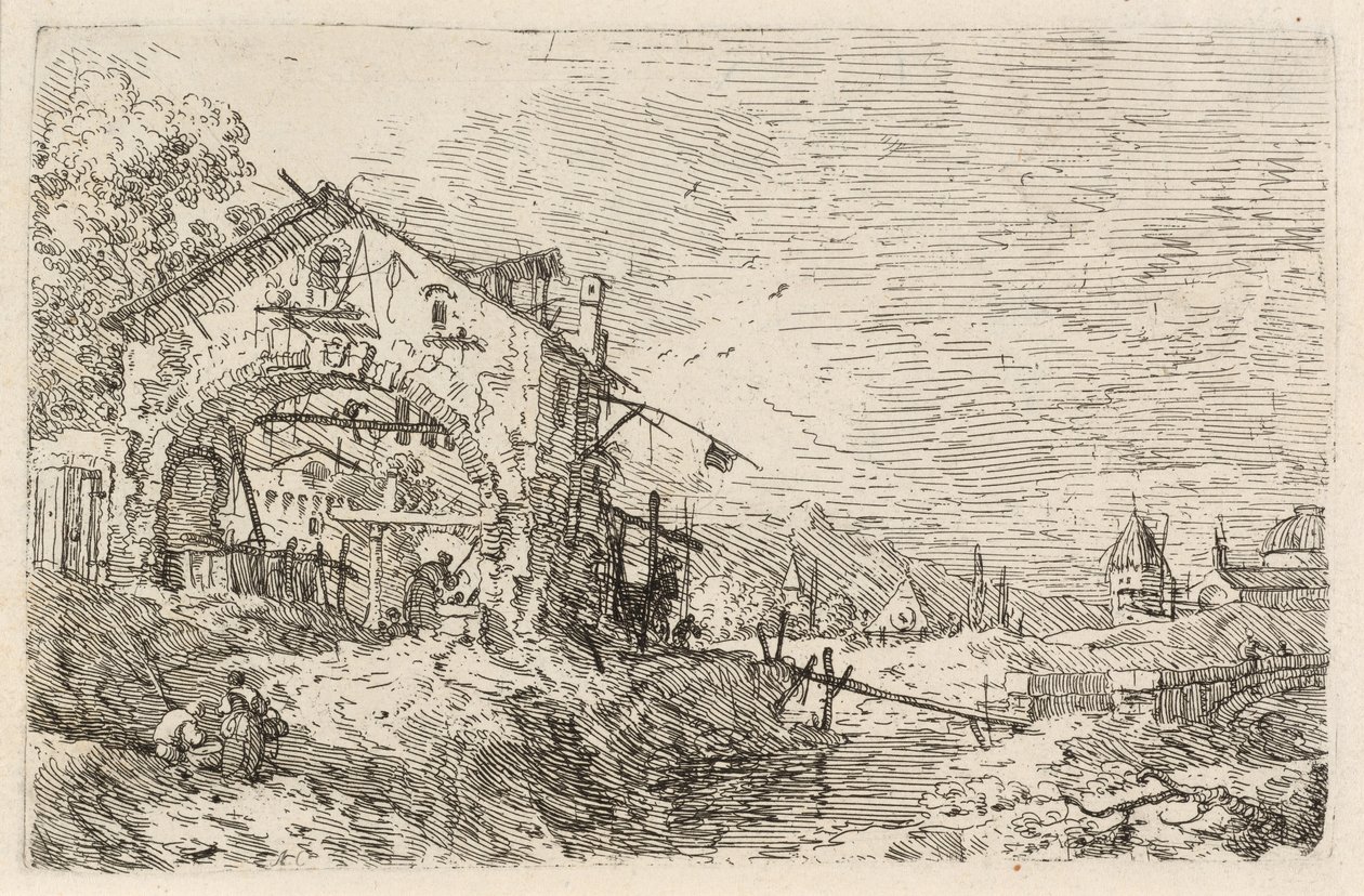 Landskap med en kvinne ved en brønn av Canaletto