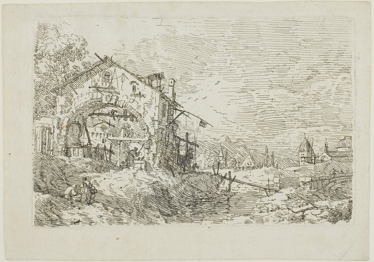 Landskap med en kvinne ved en brønn, fra Vedute av Canaletto