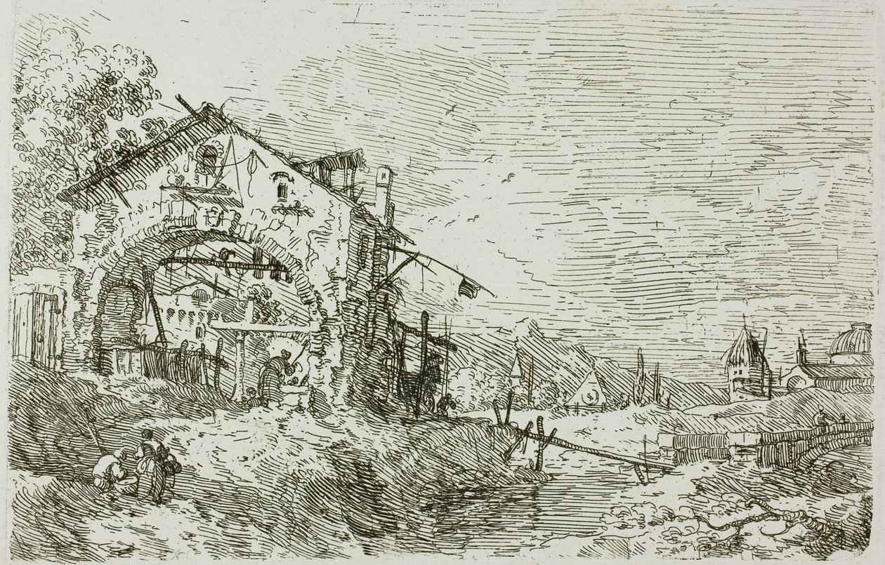 Landskap med en kvinne ved en brønn, fra Vedute av Canaletto