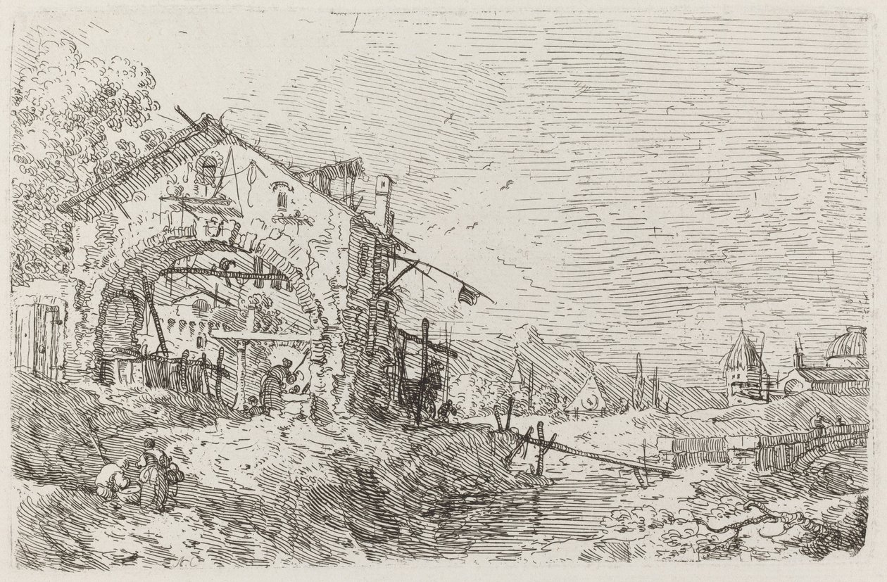Landskap med en kvinne ved en brønn [nederst til venstre], ca. 17351746. av Canaletto
