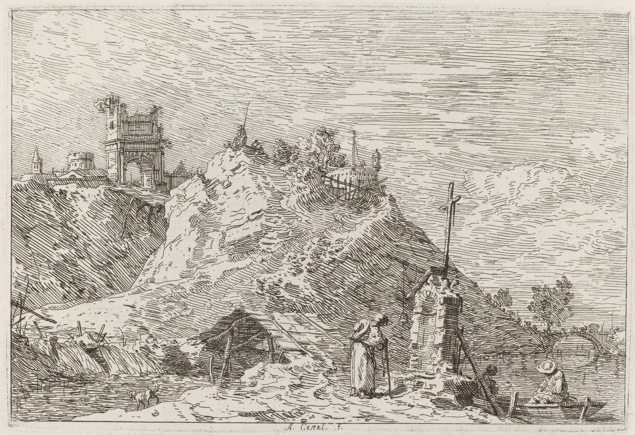 Landskap med pilegrimen ved bønnen [øverst til venstre] av Canaletto