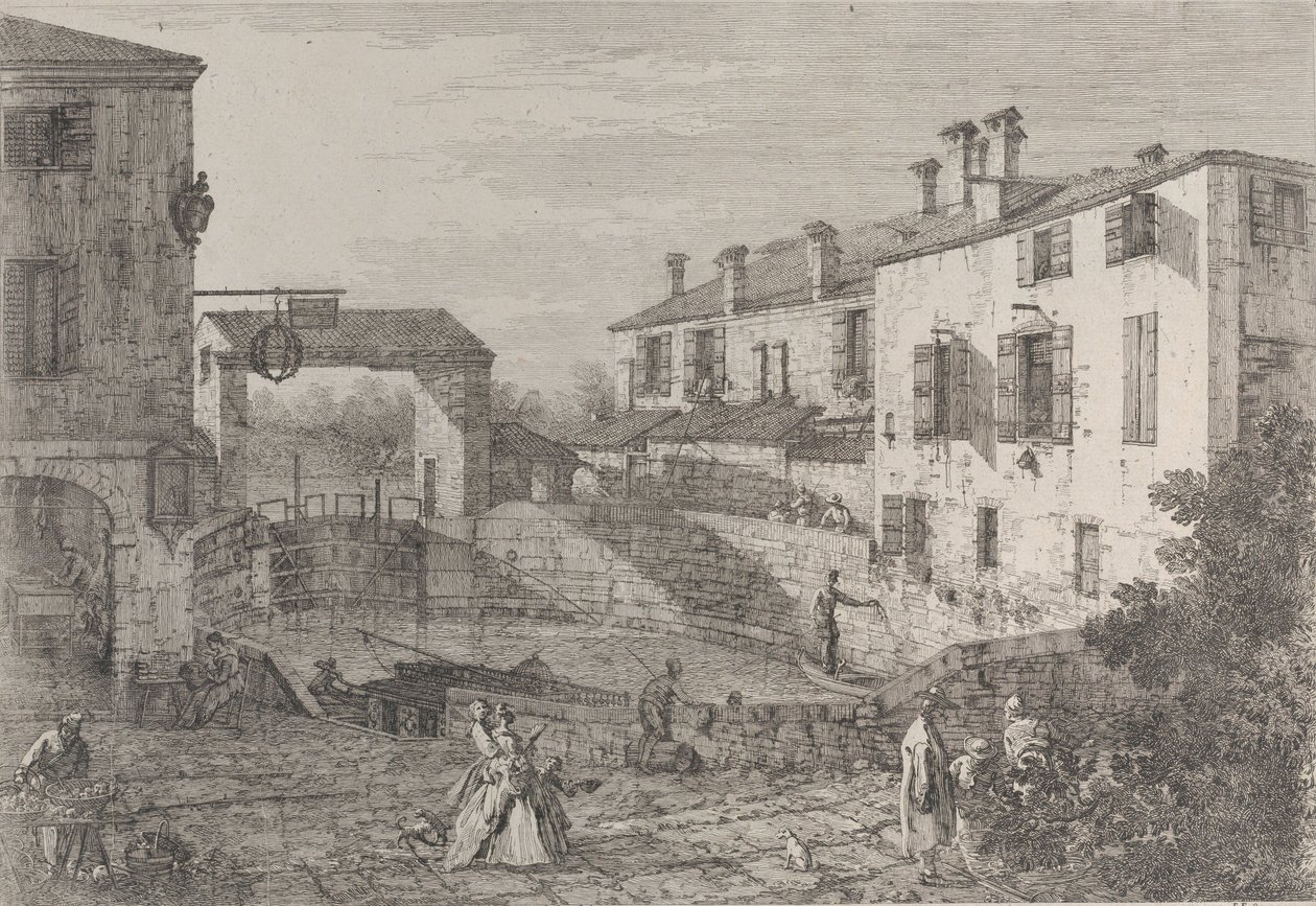 Le porte del Dolo: det ovale bassenget til slusene ved Dolo, med en lekter fortøyd til kaien..., 1735-46. av Canaletto