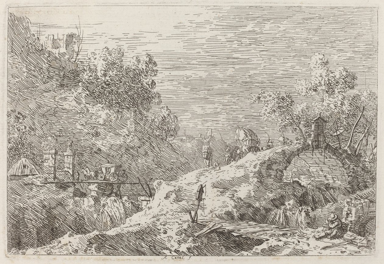 Fjelllandskap med fem broer av Canaletto