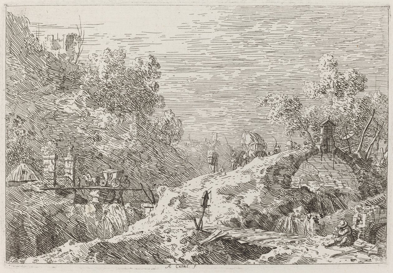 Fjelllandskap med fem broer [nederst til høyre], ca. 17351746. av Canaletto