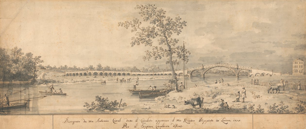 Old Walton Bridge sett fra Middlesex Shore av Canaletto