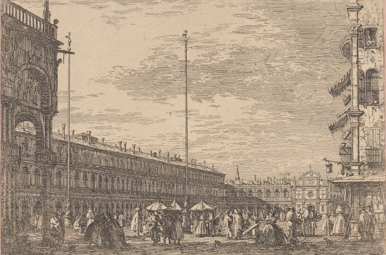 Piazza San Marco med Procuratie Nuove til venstre og kirken San Geminiano ..., 1735-46. av Canaletto
