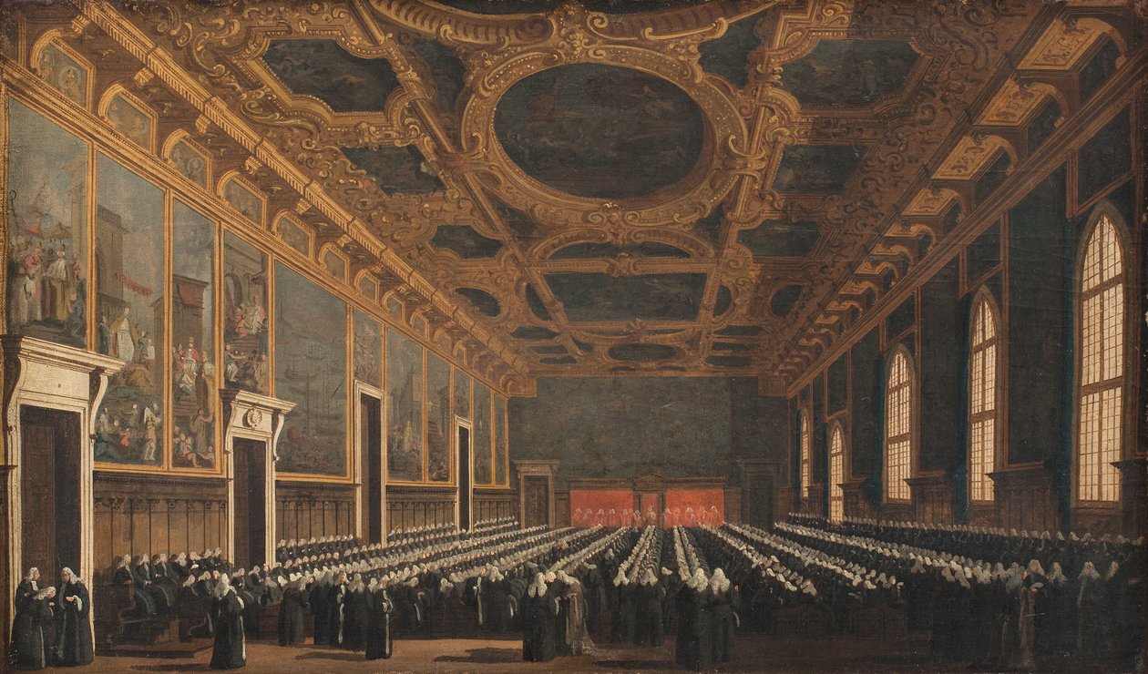 Doge- og storrådet i Sala del Maggior Consiglio av Canaletto