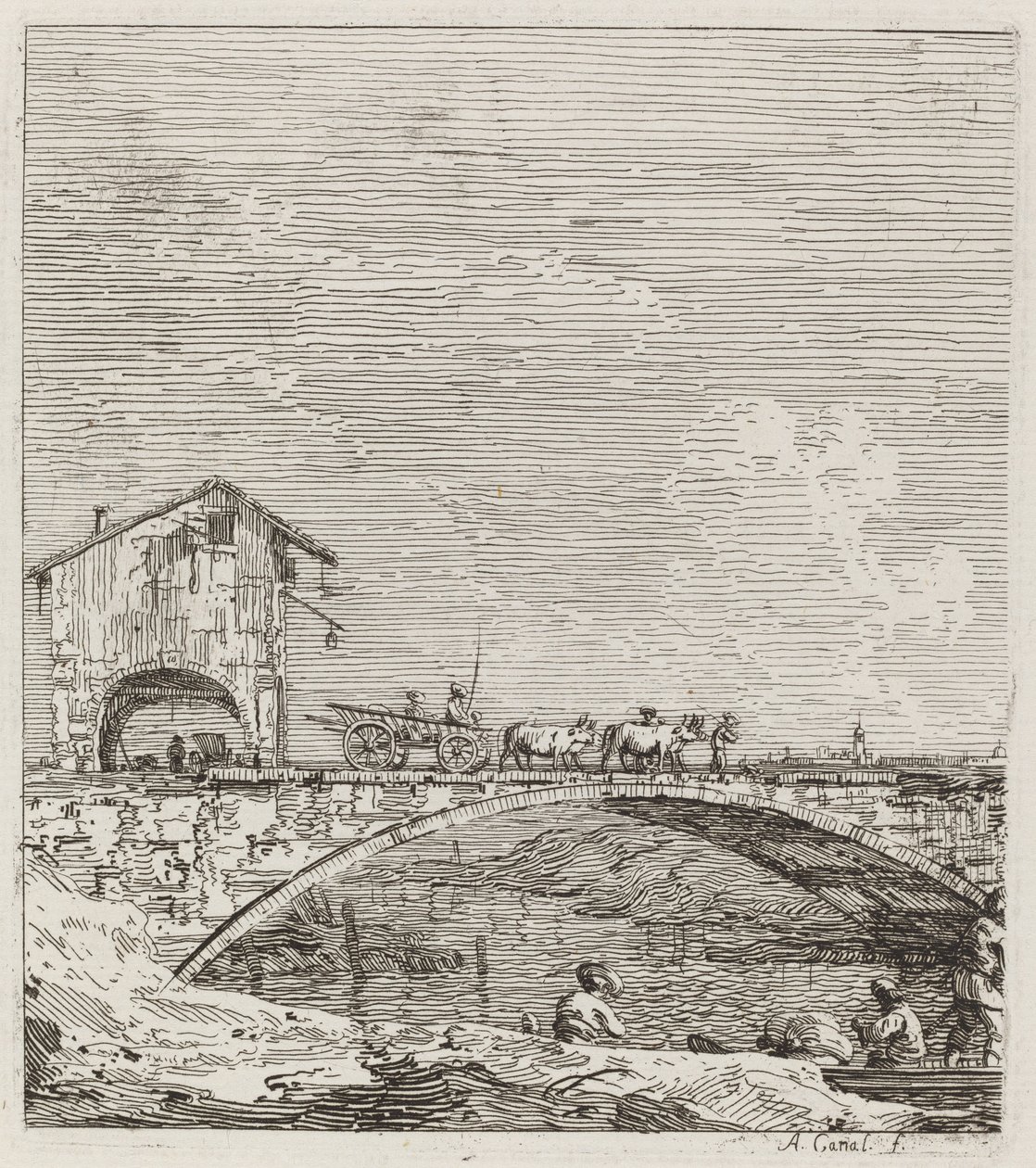 Vognen som passerer over en bro av Canaletto