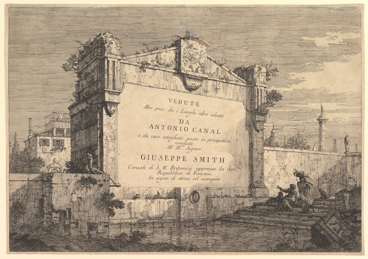 Tittelplate med visninger andre hentet fra steder andre unnfanget, med tittel og publikasjon ..., 1735-46. av Giovanni Antonio Canal