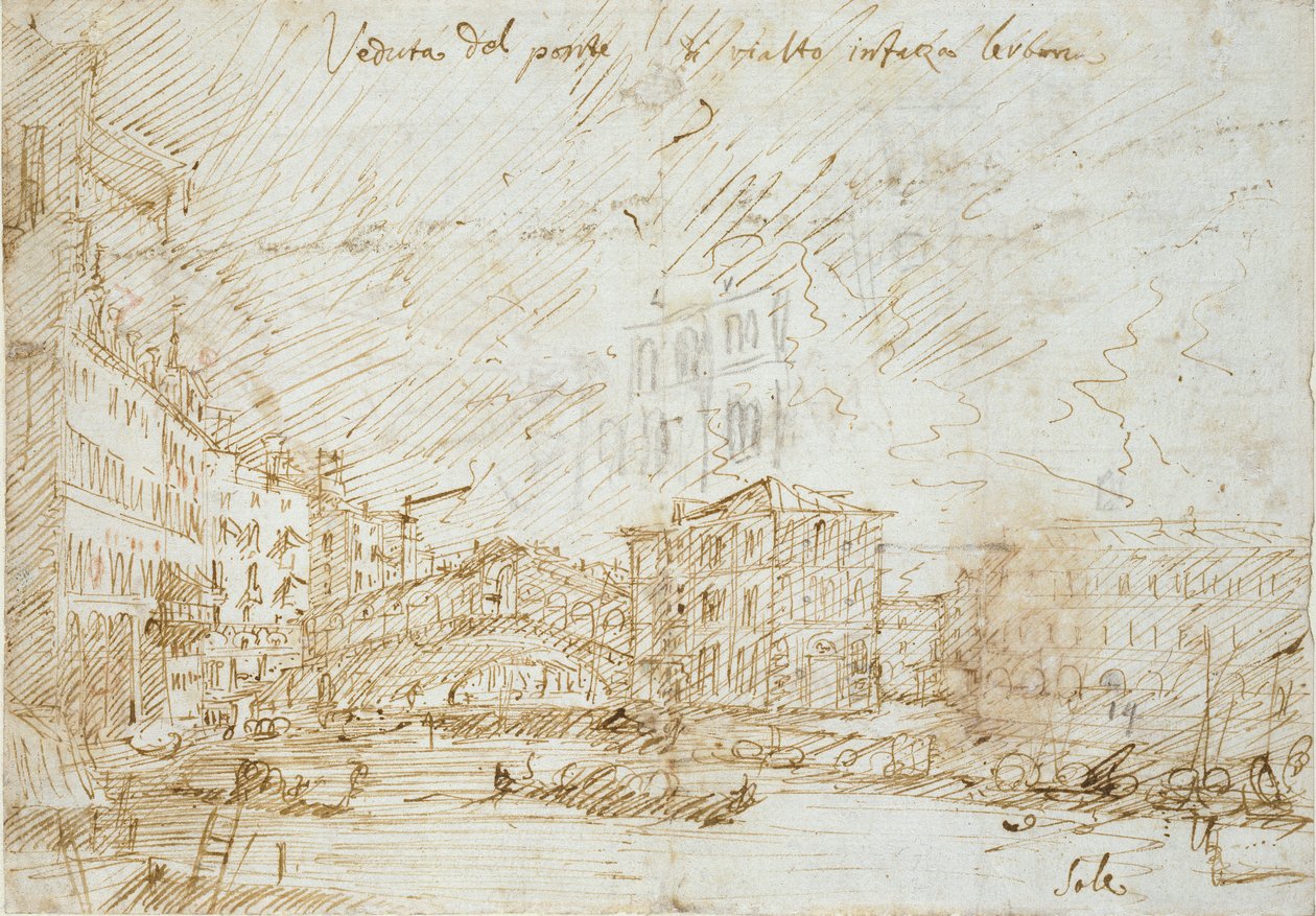 Venezia: Ponte di Rialto, midten av 1700-tallet av Canaletto