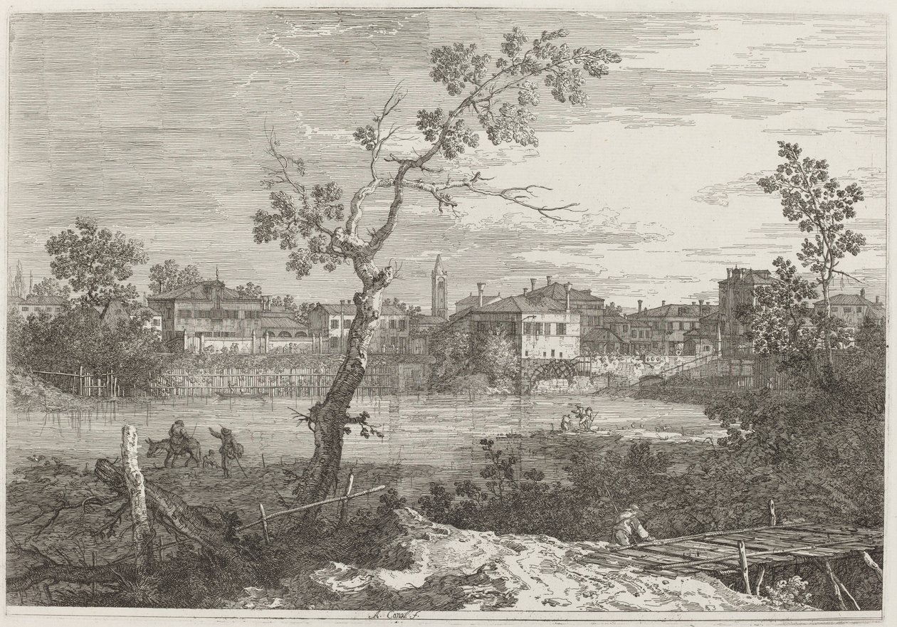 Utsikt over en by på en elvebredd av Canaletto