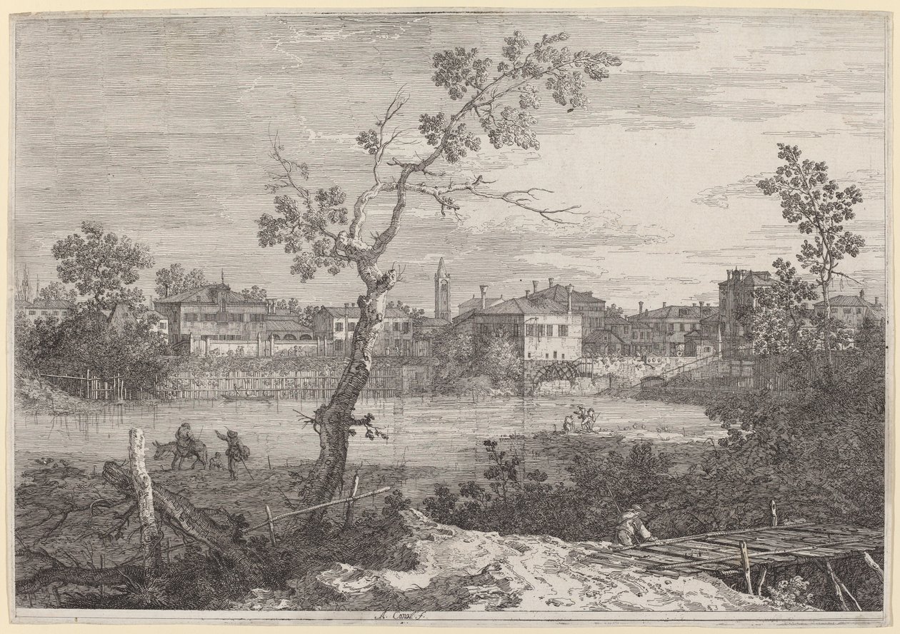 Utsikt over en by på en elvebredd, ca. 17351746. av Canaletto