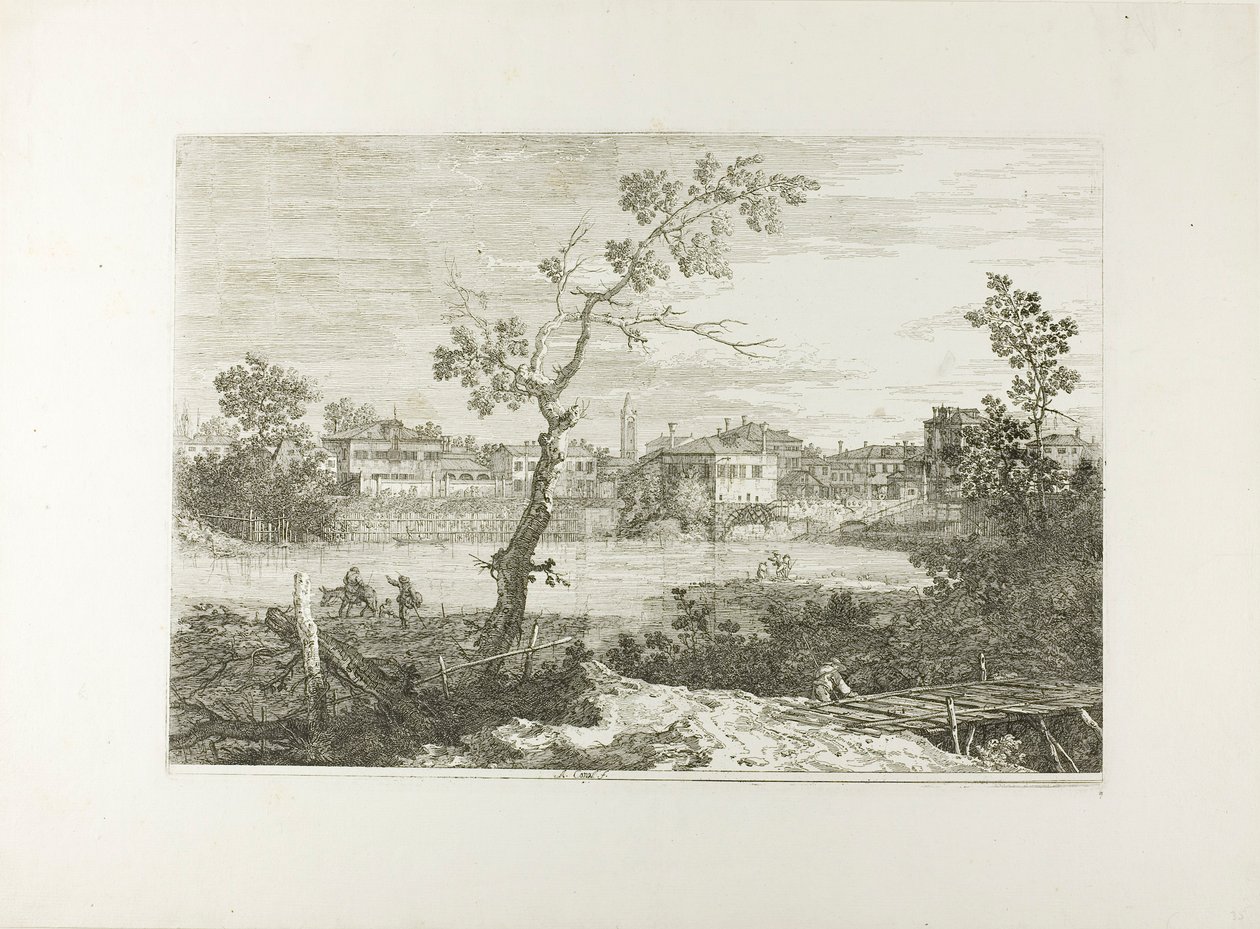 Utsikt over en by ved en elvebredd, fra Vedute av Canaletto