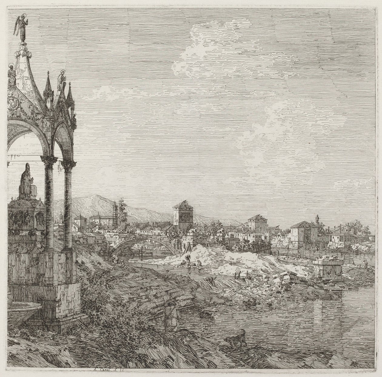 Utsikt over en by med en biskops grav, ca. 17351746. av Canaletto