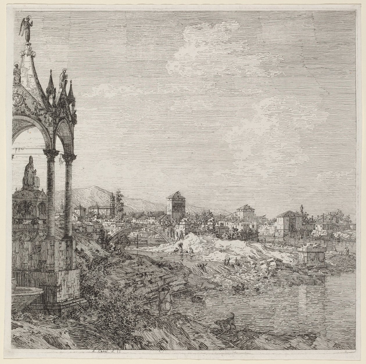Utsikt over en by med en biskops grav, ca. 1740. av Canaletto