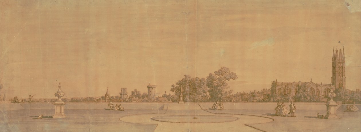 Warwick: Byen og slottet fra Priory Gardens av Canaletto
