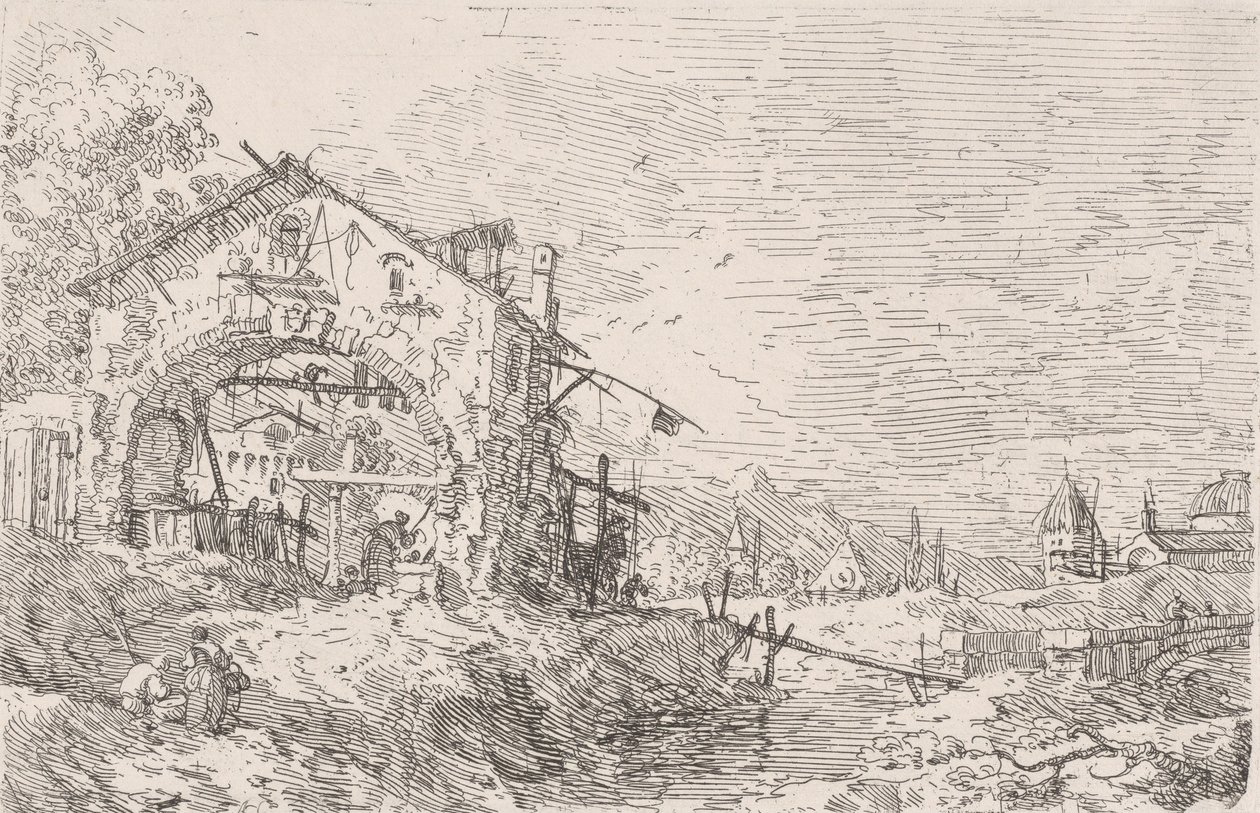 Kvinne henter vann fra en brønn under en arkade til venstre, med et landskap til høyre, 1..., 1717-68. av Canaletto