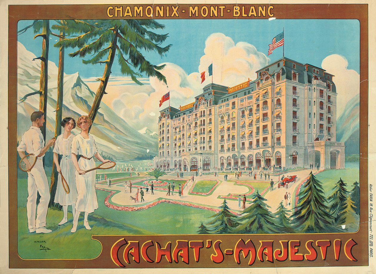 Plakat som reklamerer for hotellet "Cachat"s Majestic" og Chamonix-Mont Blanc, ca. 1910 av Candido Aragonez de Faria