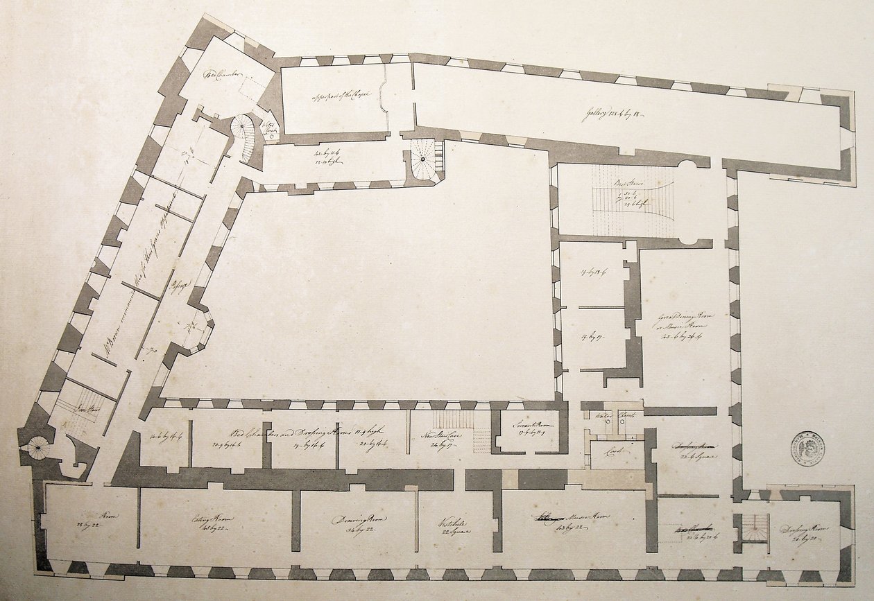 Design for endringer i det tredje slottet (penn og blekk med vask på papir) av Capability Brown