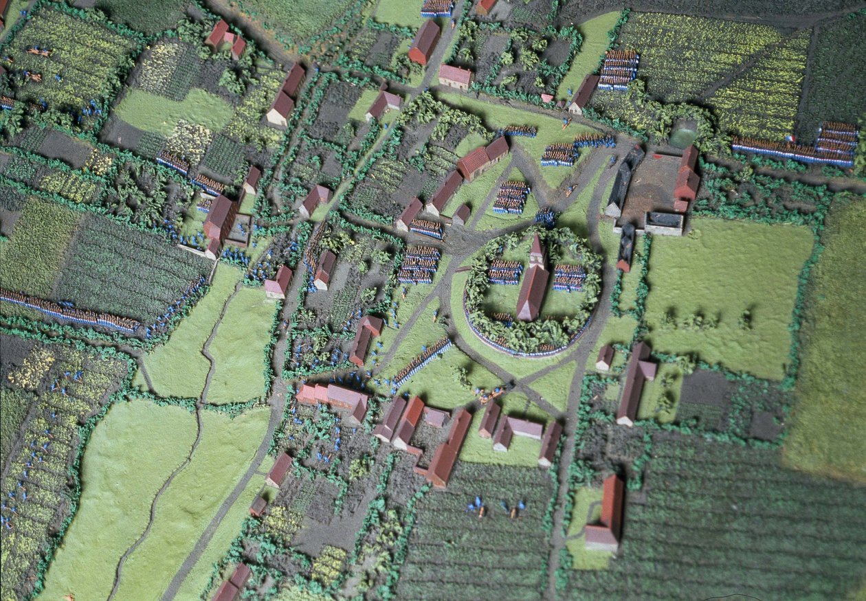 Diorama fra slaget ved Waterloo som viser tropper plassert kl. 19.45 den 18. juni 1815 (blandet media) (detaljer) av Capt. William Siborne