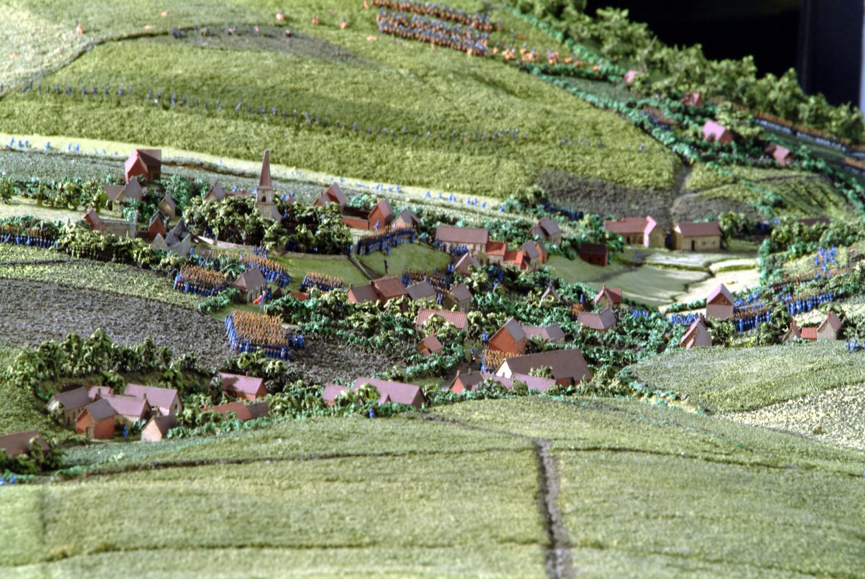 Diorama fra slaget ved Waterloo som viser tropper plassert kl. 19.45 den 18. juni 1815 (blandet media) (detaljer) av Capt. William Siborne