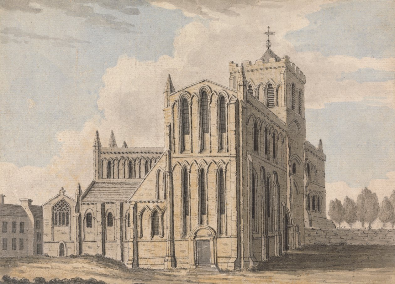 Nordvestutsikt over Castle Church, Hexham, Northumberland av Capt. Francis Grose