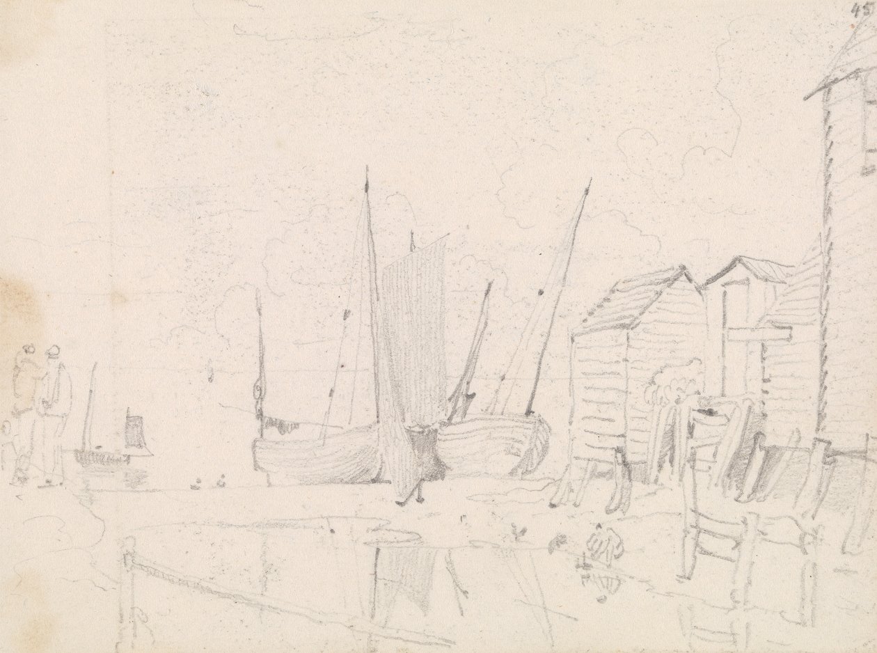 Skisse av strandede seilbåter og stilthytter, Hastings av Capt. Thomas Hastings