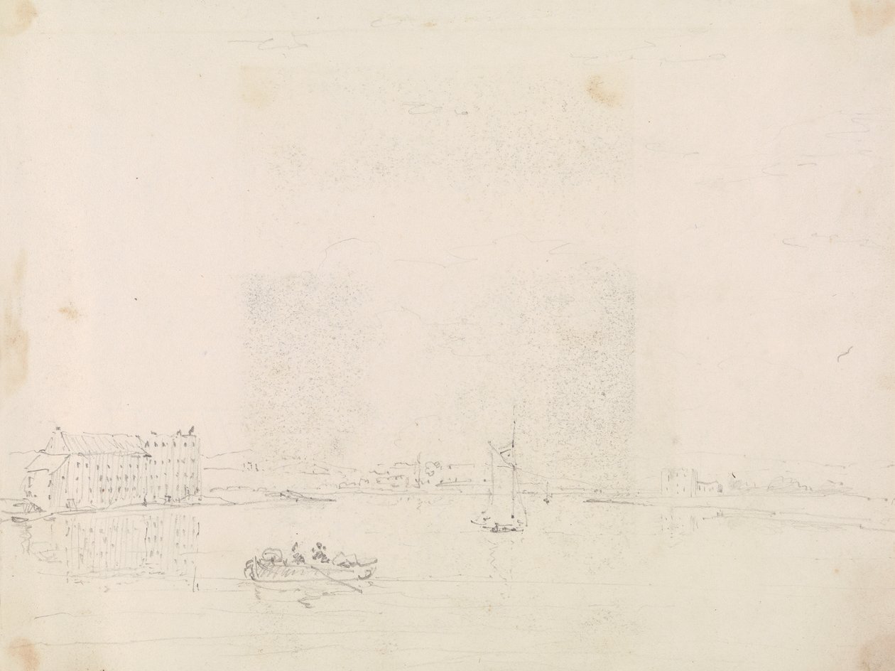 Skisse av båter og en stor bygning, fra over Medina-elven av Capt. Thomas Hastings