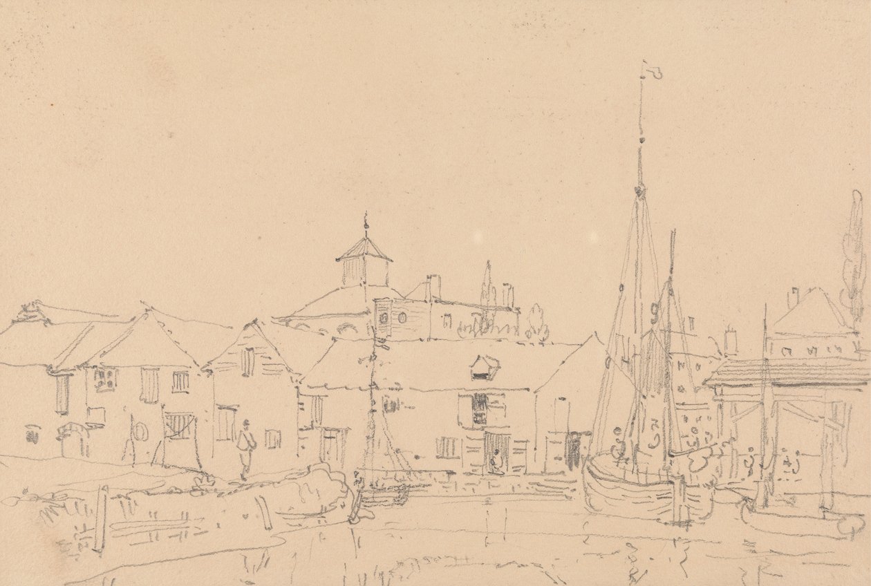 Skisse av seilbåter fortøyd ved siden av en landsby av Capt. Thomas Hastings