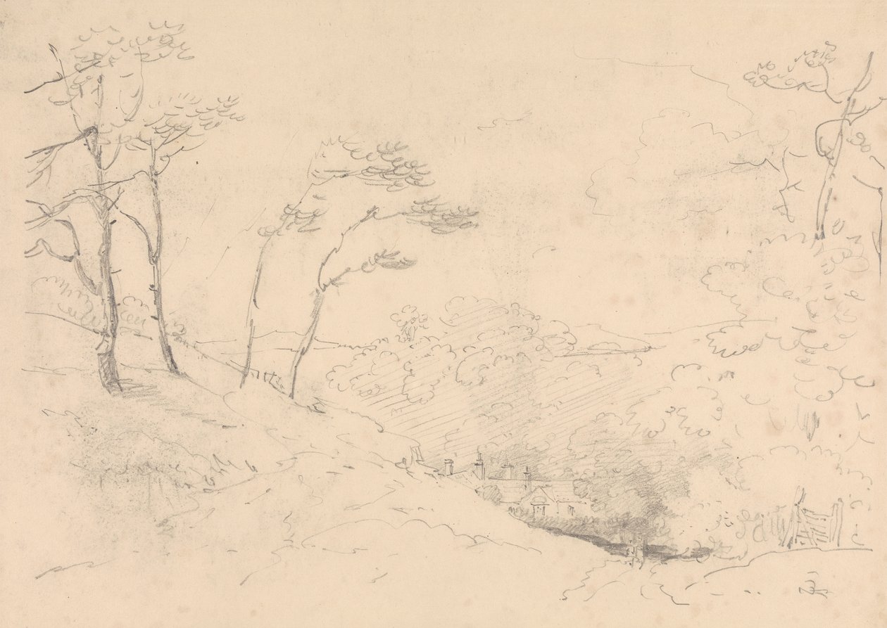 Skisse av trær og åser over Barton Farm House, Isle of Wight av Capt. Thomas Hastings