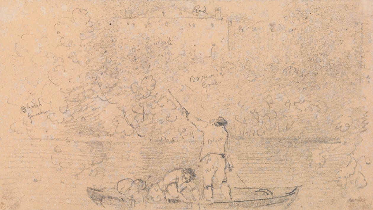 Skisse av to menn i en båt og et hus på kysten av Capt. Thomas Hastings