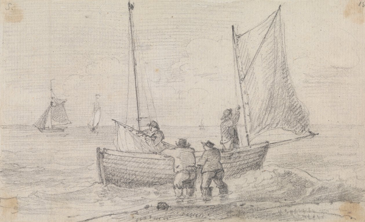 Skisse av en gruppe som forbereder seilene nær kysten, Hastings av Capt. Thomas Hastings