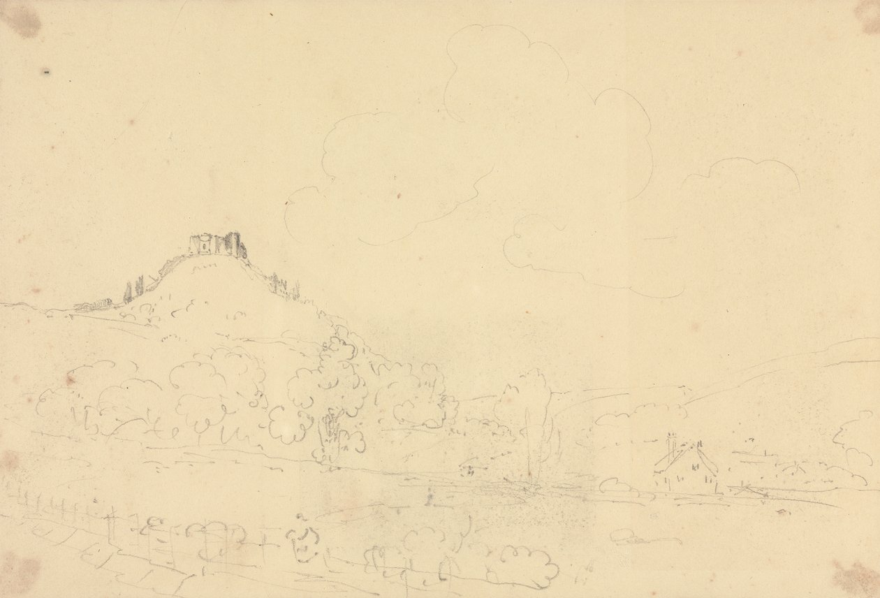 Skisse av et bakketoppslott med hus under av Capt. Thomas Hastings
