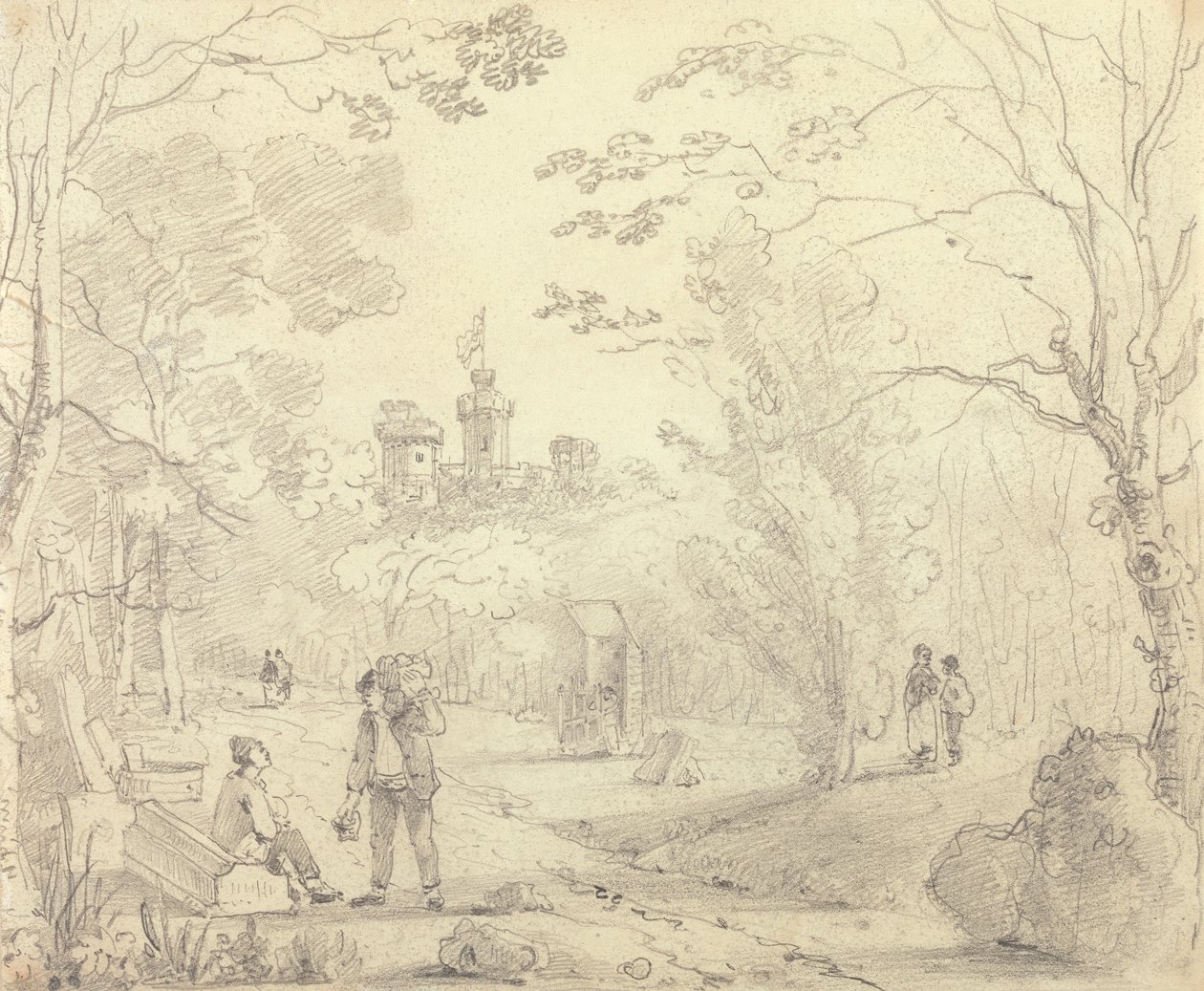 Skisse av en parkscene med East Cowes Castle i det fjerne, Isle of Wight av Capt. Thomas Hastings