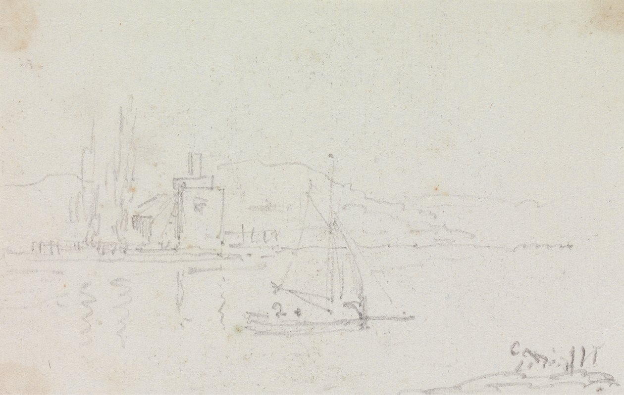 Skisse av en seilbåt og en bygning på kysten av Capt. Thomas Hastings