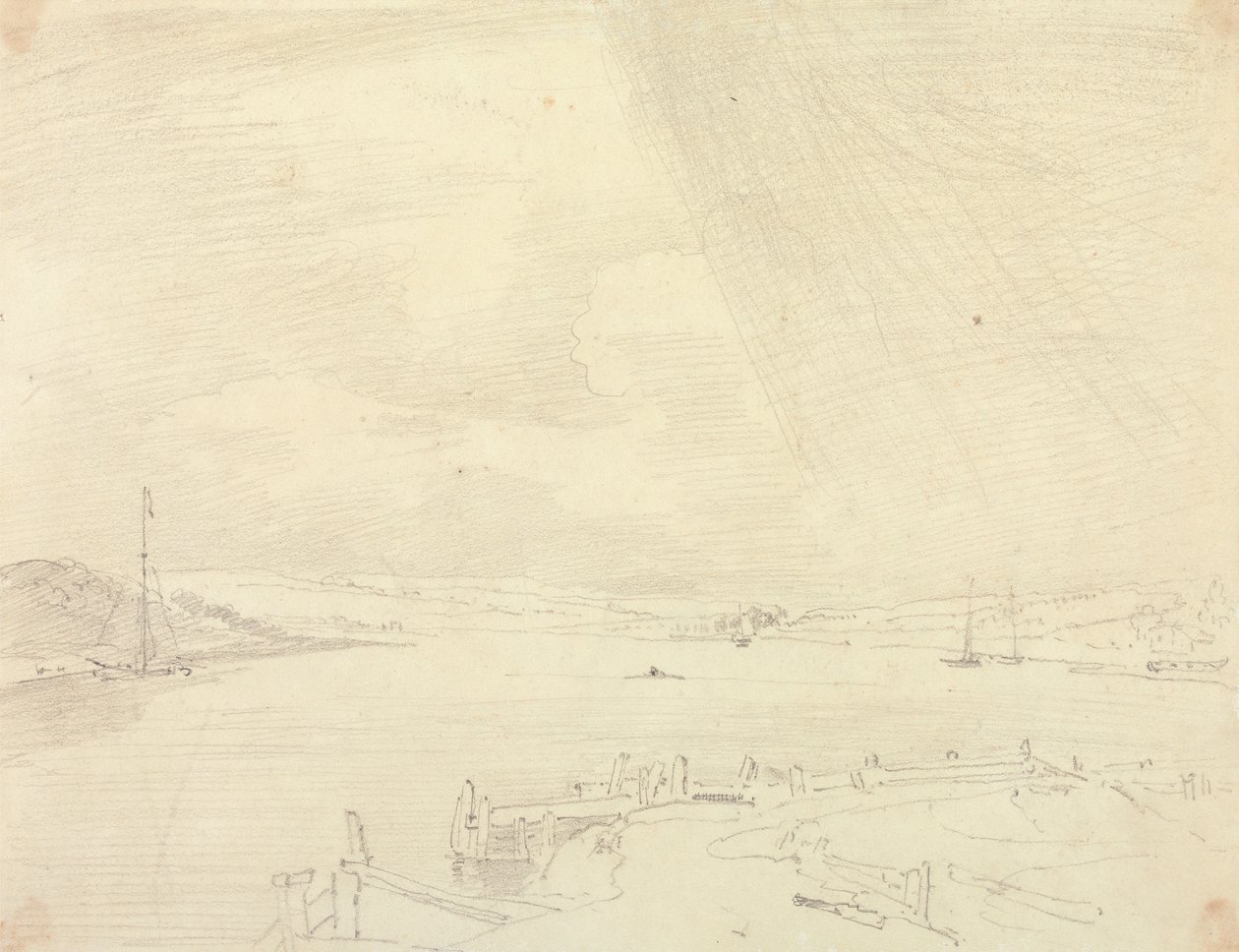 Skisse av et kystlandskap med brygge i forgrunnen, Isle of Wight av Capt. Thomas Hastings