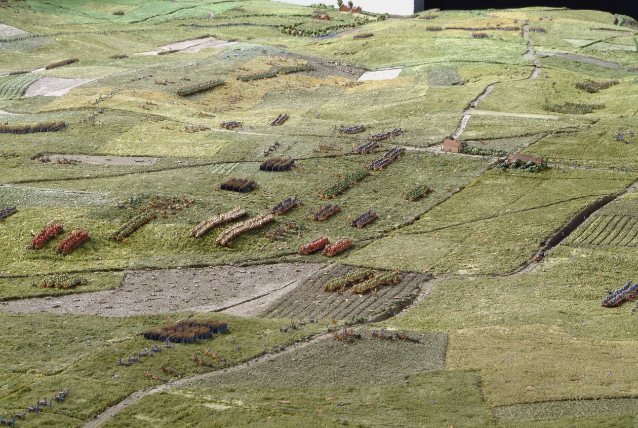 Diorama fra slaget ved Waterloo som viser tropper plassert kl. 19.45 den 18. juni 1815 (blandet media) (detaljer) av Capt. William Siborne