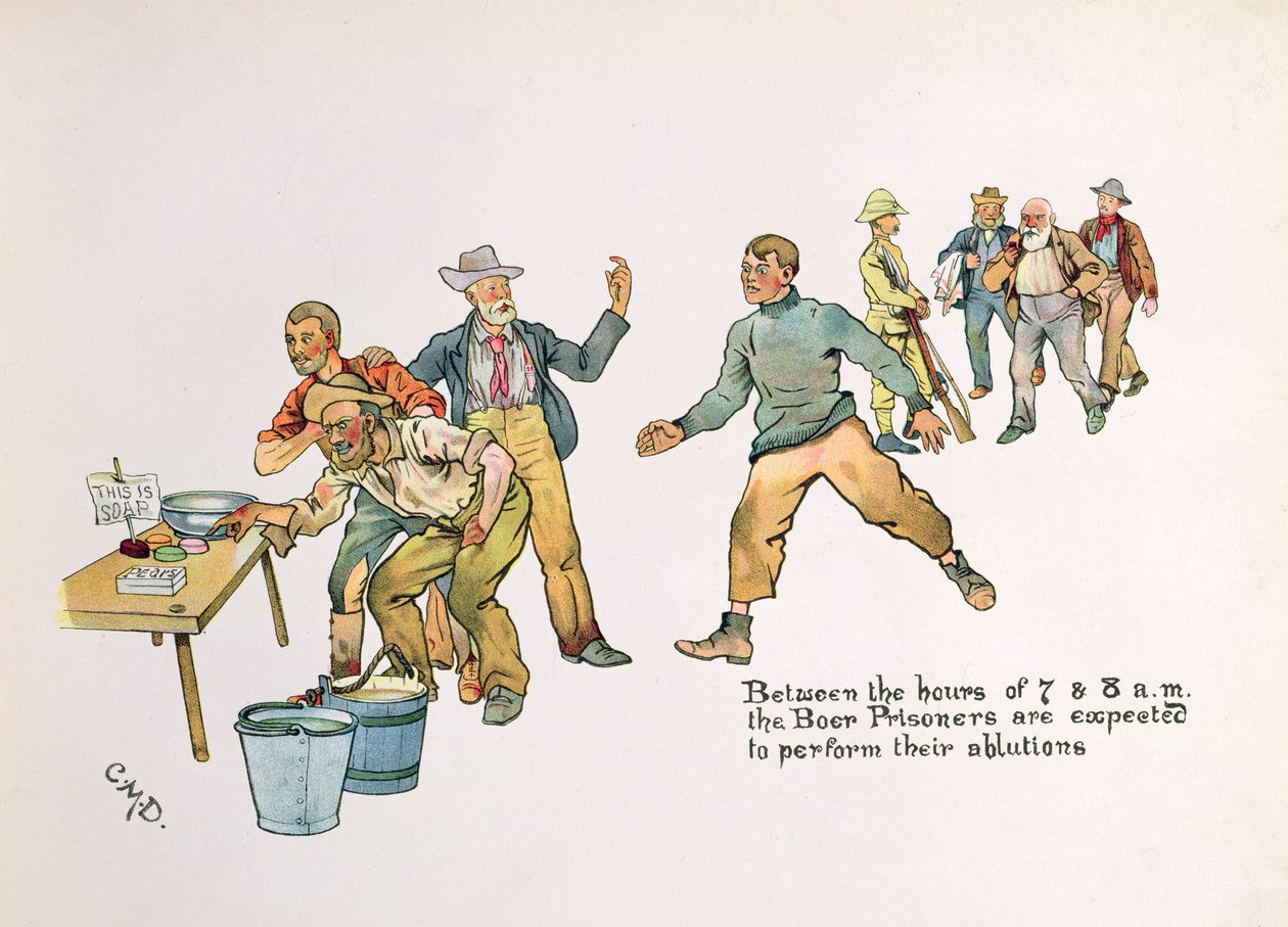 'Mellom klokken 7 og 8 om morgenen forventes boer-fangene å utføre sine avvaskninger', fra 'The Leaguer of Ladysmith', 1900 av Captain Clive Dixon