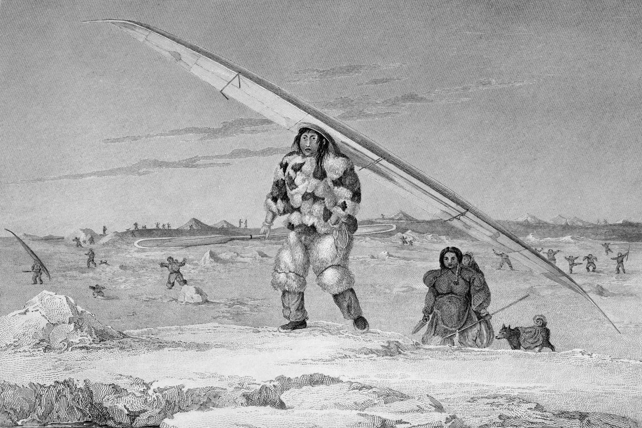 En eskimaux fra Igloolik, iført en jakke i fugleskinn, som bærer kanoen ned til vannet, fra 'Journal of a Second Voyage for the Discovery of a North West Passage from the Atlantic to the Pacific p av Captain George Francis Lyon