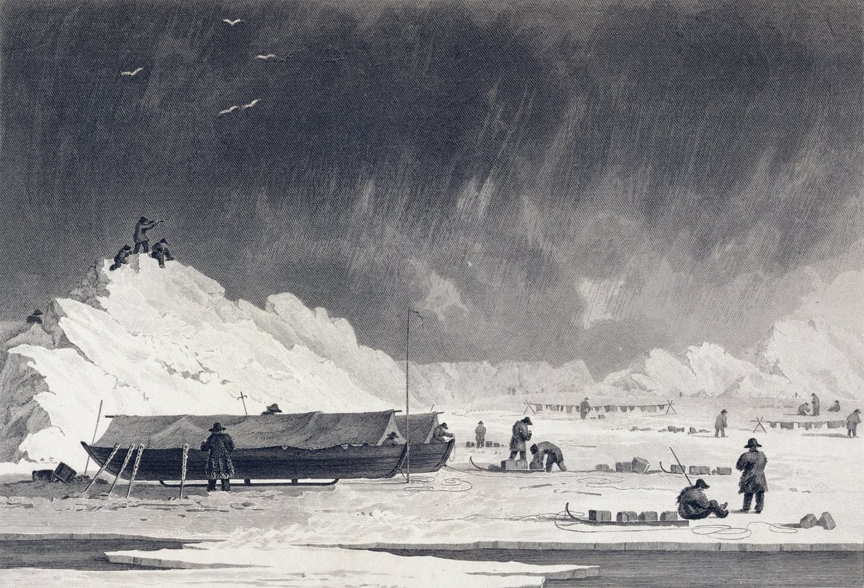 Båtene ble trukket opp for natten, fra «Journal of a Third Voyage for the Discovery of a North West Passage from the Atlantic to the Pacific» fremført i årene 1824-25 i H.M.s skip Hecla og F av Captain George Francis Lyon