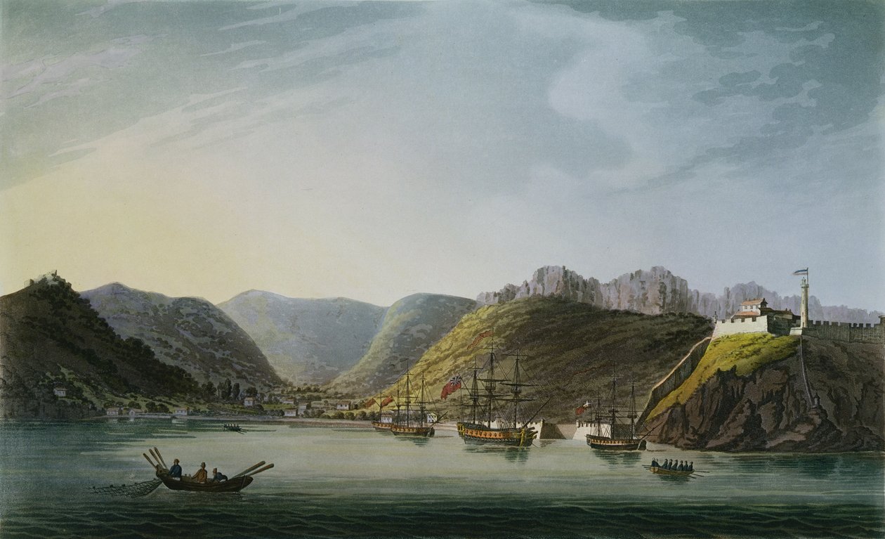 Utsikt over vestsiden av Porto Ferraio Bay, Elba, gravert av Francis Jukes (1747-1812) utgitt av J. Daniell, april 1814 av Captain James Weir