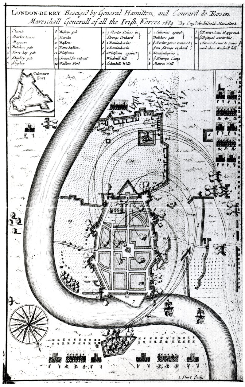 Londonderry Beleiret av general Hamilton og Conrad de Rosen, gravert av J. Sturt, 1689 av Captain Archibald Maculloch