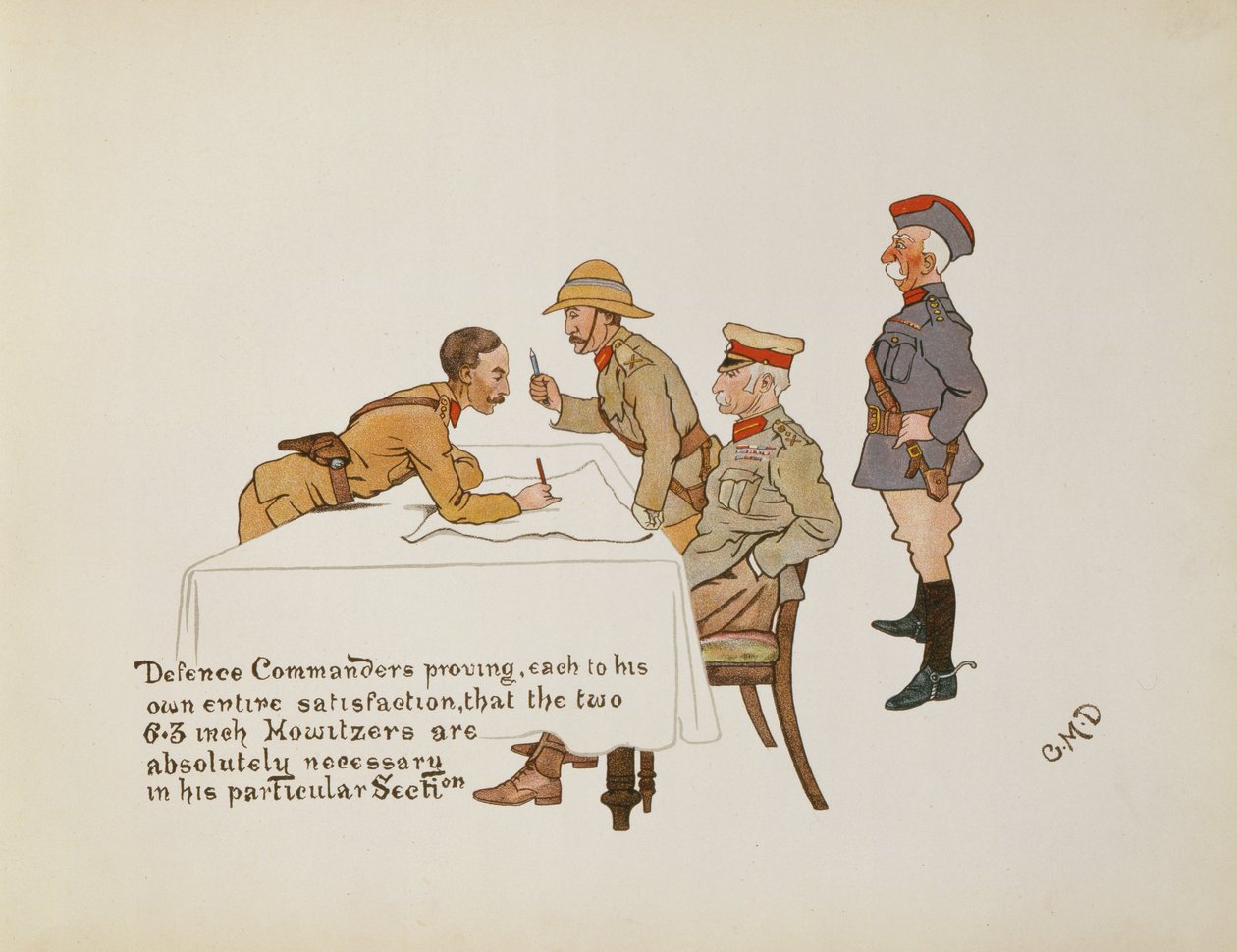 Forsvarssjefer som beviser at de to 6,3-tommers Howlitzerne er absolutt nødvendige i hans spesielle seksjon, fra The Leaguer of Ladysmith, 1900 av Captain Clive Dixon