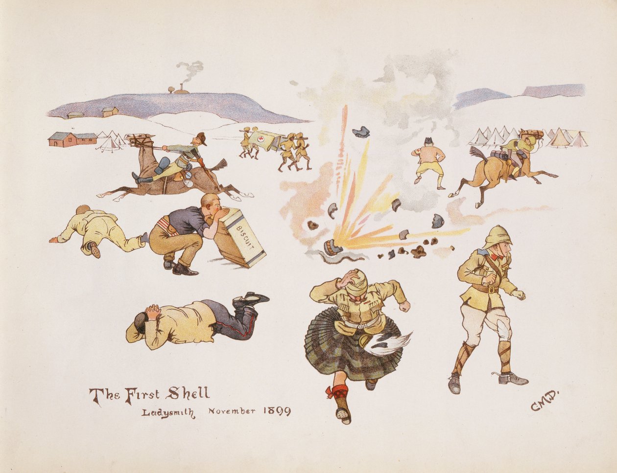 The First Shell, Ladysmith, 1899, fra The Leaguer of Ladysmith, 1900 av Captain Clive Dixon