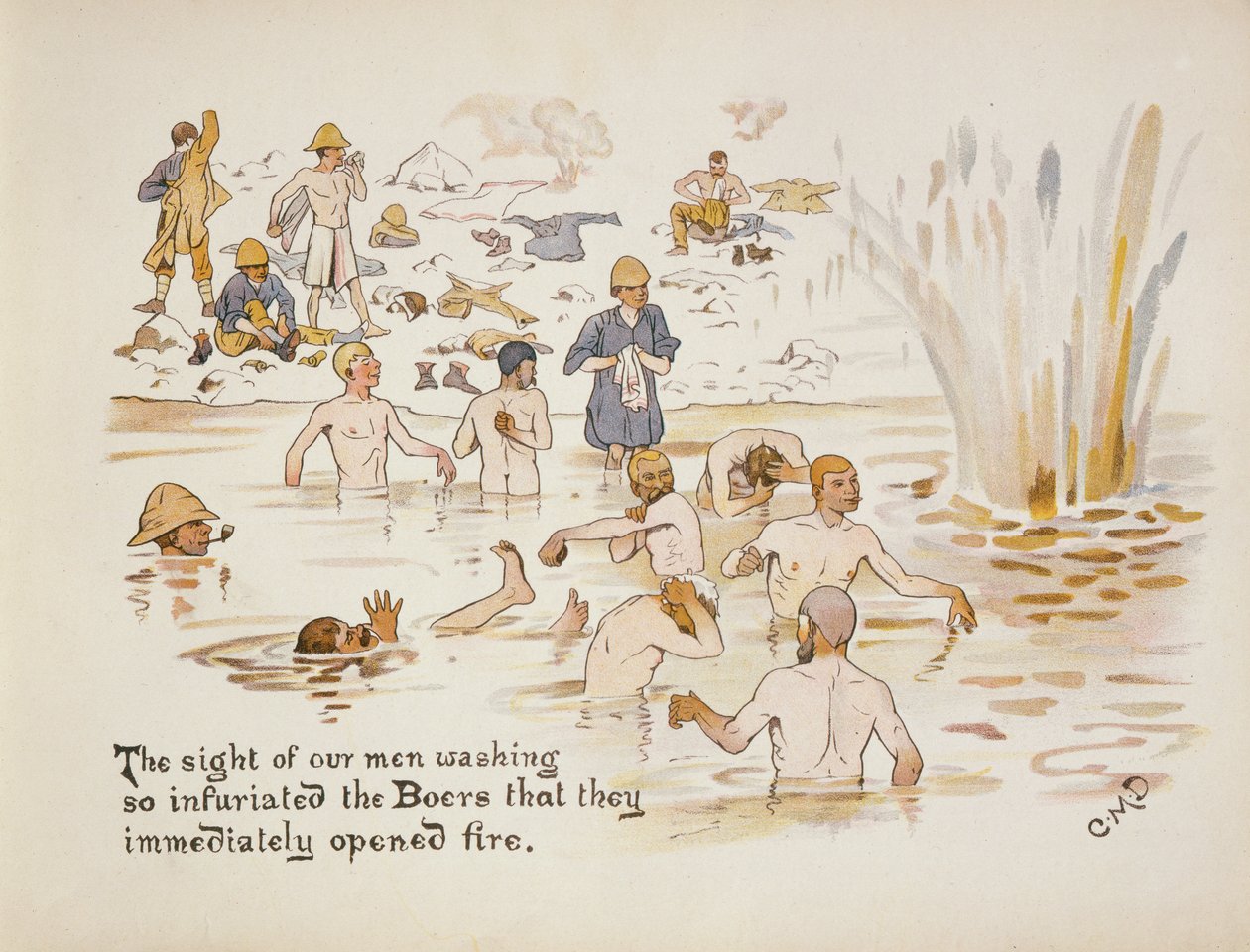 Synet av våre menn som vasket gjorde boerne så rasende at de umiddelbart åpnet ild, fra The Leaguer of Ladysmith, 1900 av Captain Clive Dixon