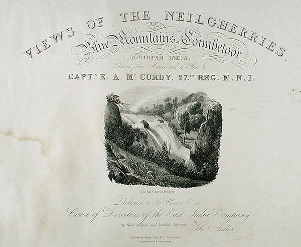 The Elk Cataract, Dimhutty, tittelside for View of the Neilgherries, or Blue Mountains of Coimbetoor, Southern India av Captain McCurdy, utgitt 1830 av Captain E. A. after McCurdy