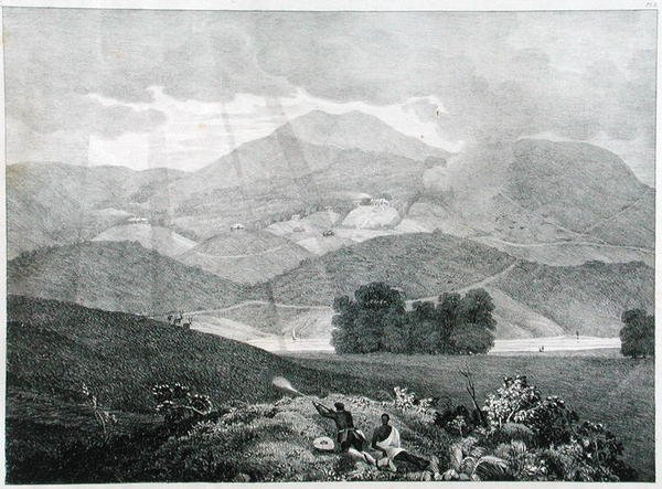 Utsikt over en del av innsjøen og hyttene ved Ottacamund, Neelgherry Mountains, plate 3 fra View of the Neilgherries, eller Blue Mountains of Coimbetoor, Sør-India av Captain McCurdy, publisert 1830 (li av Captain E. A. after McCurdy