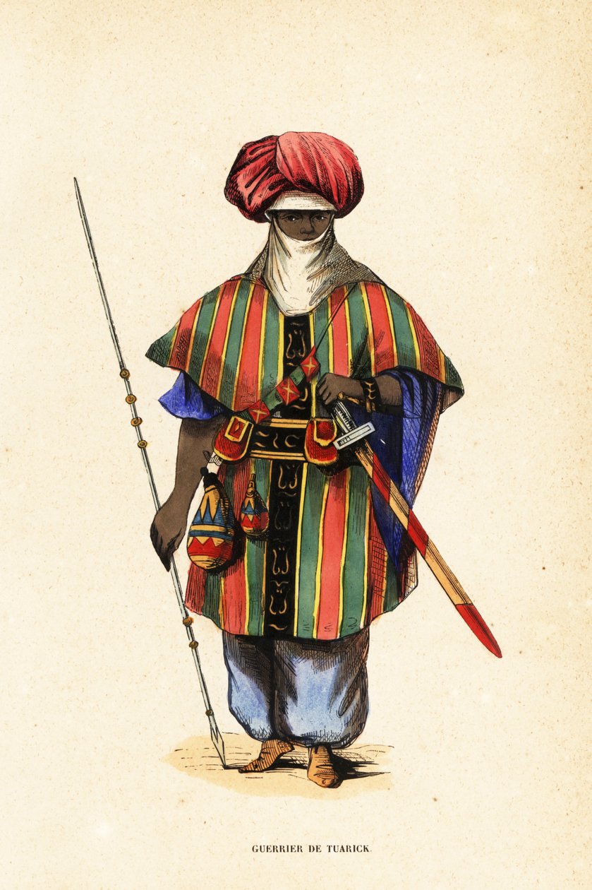 Noble Tuareg-kriger fra Agadez, Niger, i tagelmust (turban og slør), taktkat (skjorte) og akarbey (bukser) av Captain George Francis (after) Lyon