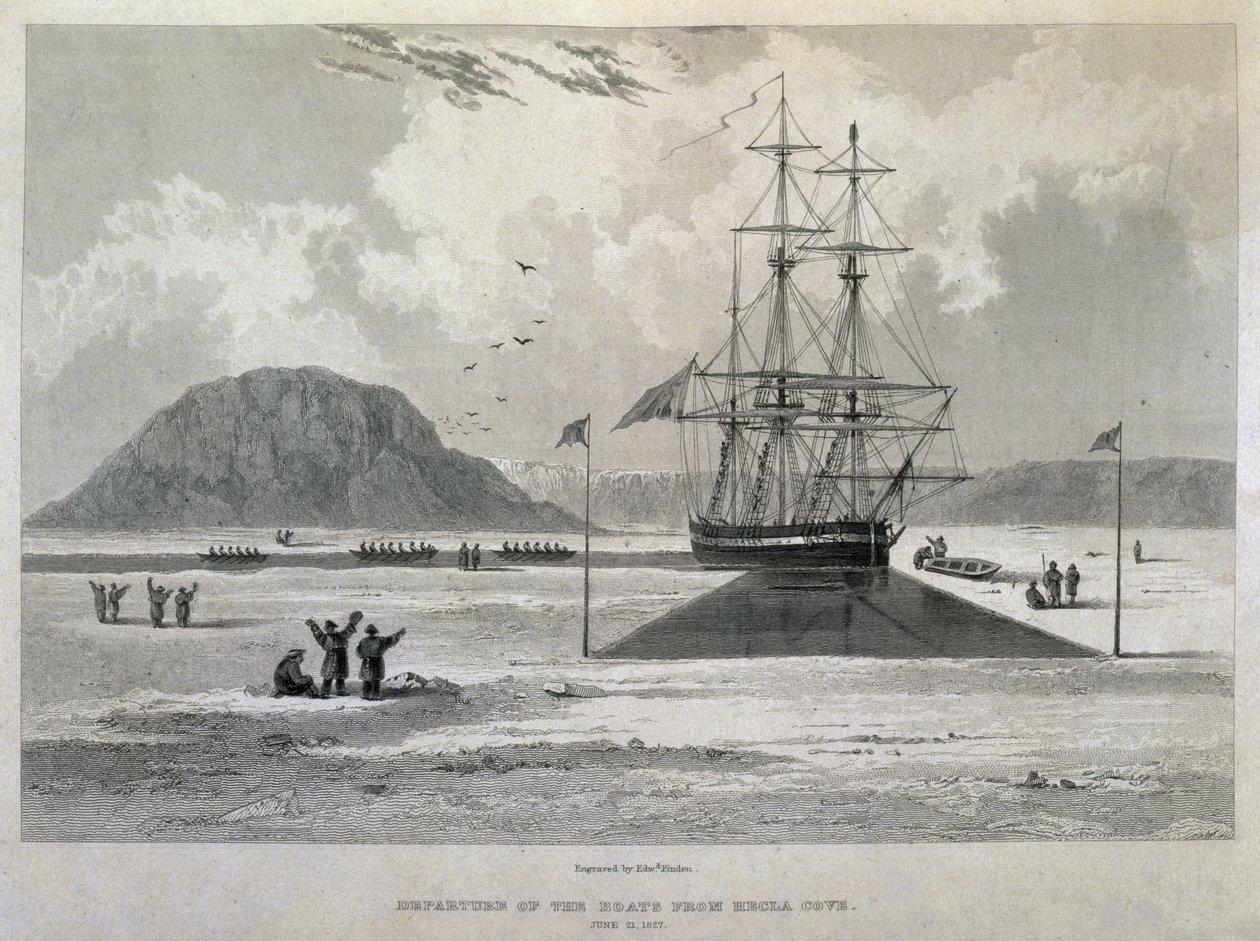 Avgang av båtene fra Hecla Cove, 21. juni 1827, fra Journal of a Third Voyage for the Discovery of a North West Passage fra Atlanterhavet til Stillehavet utført i årene 1824-25 i H.M.s av Captain George Francis Lyon